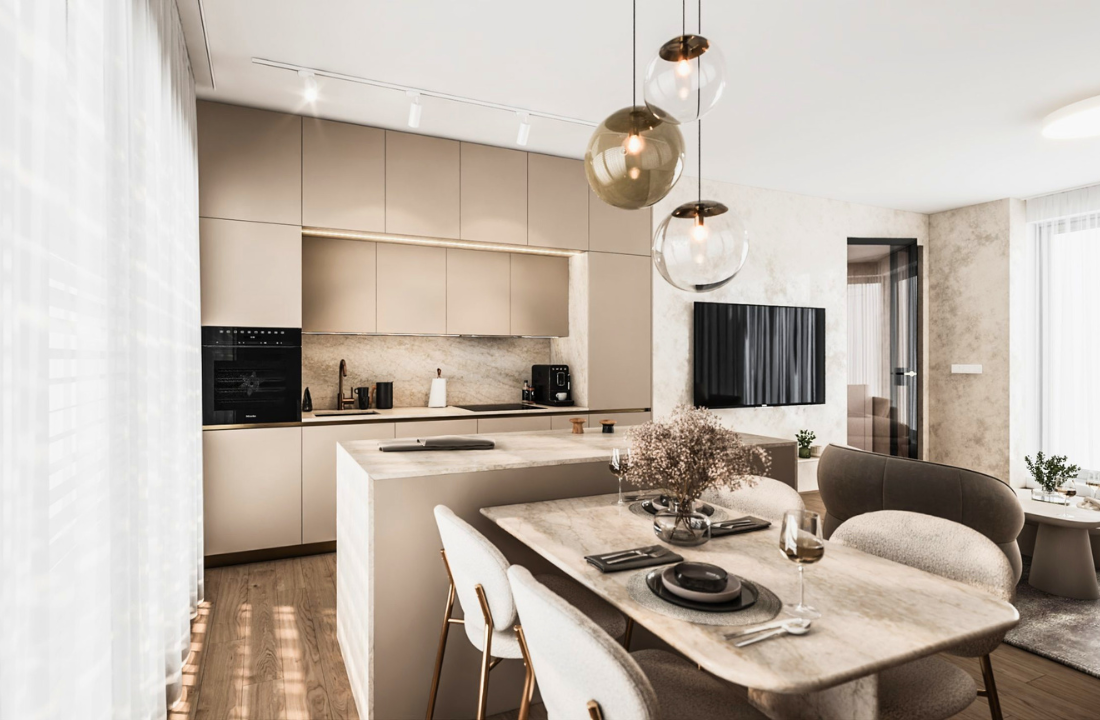 Moderní návrh interiéru bytu v Praze od studia PEARL-DESIGN s důrazem na přírodní materiály, světlo a funkční dispozici.